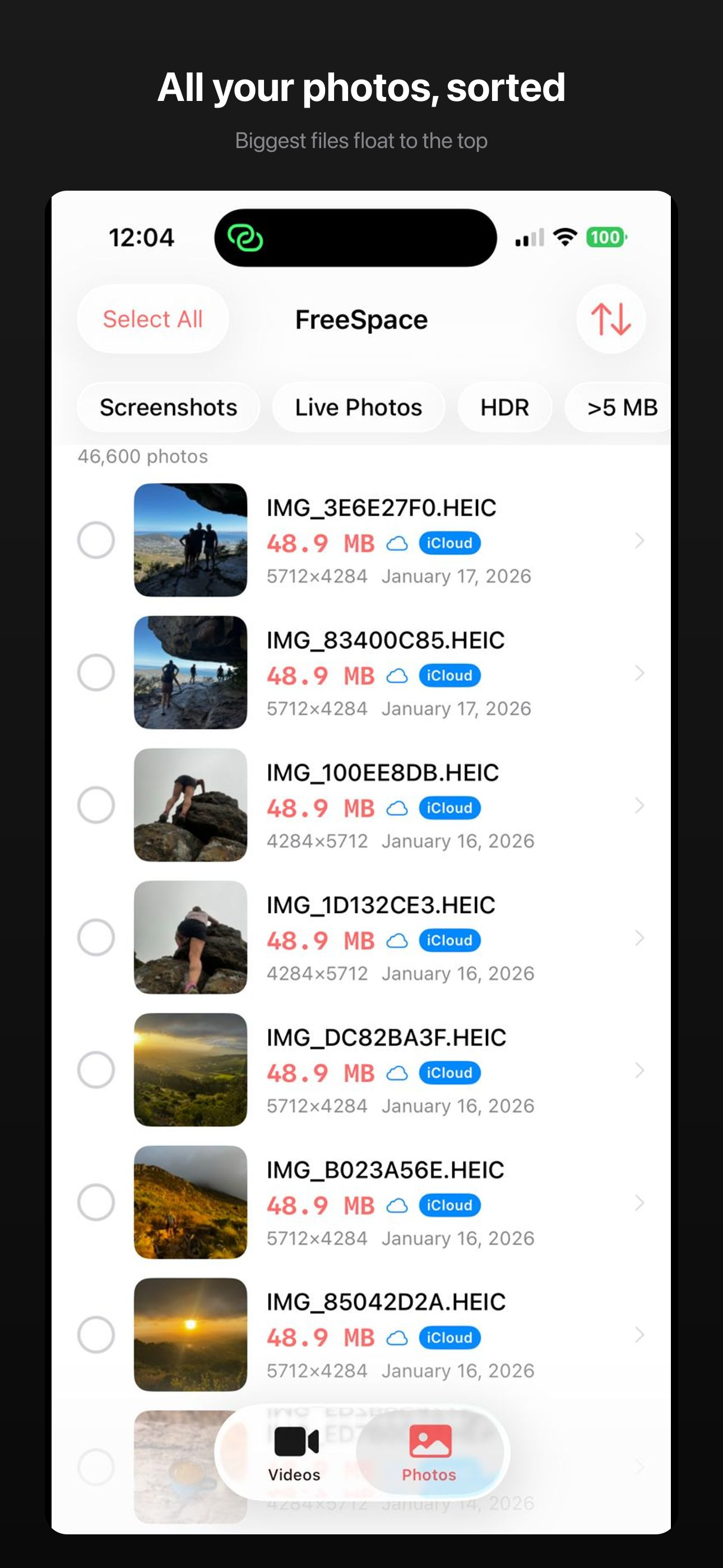 Photos sorted by size